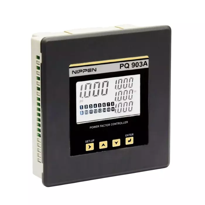 Nippen Automatic Power Factor Controller Relay 3 Phase 3 CT 12 Stage LED Display, 11-520 V AC, 80-270 V AC/DC Auxiliary Supply and 144x144 mm Size, PQ-903A-144(3PH-3CT) 12R
