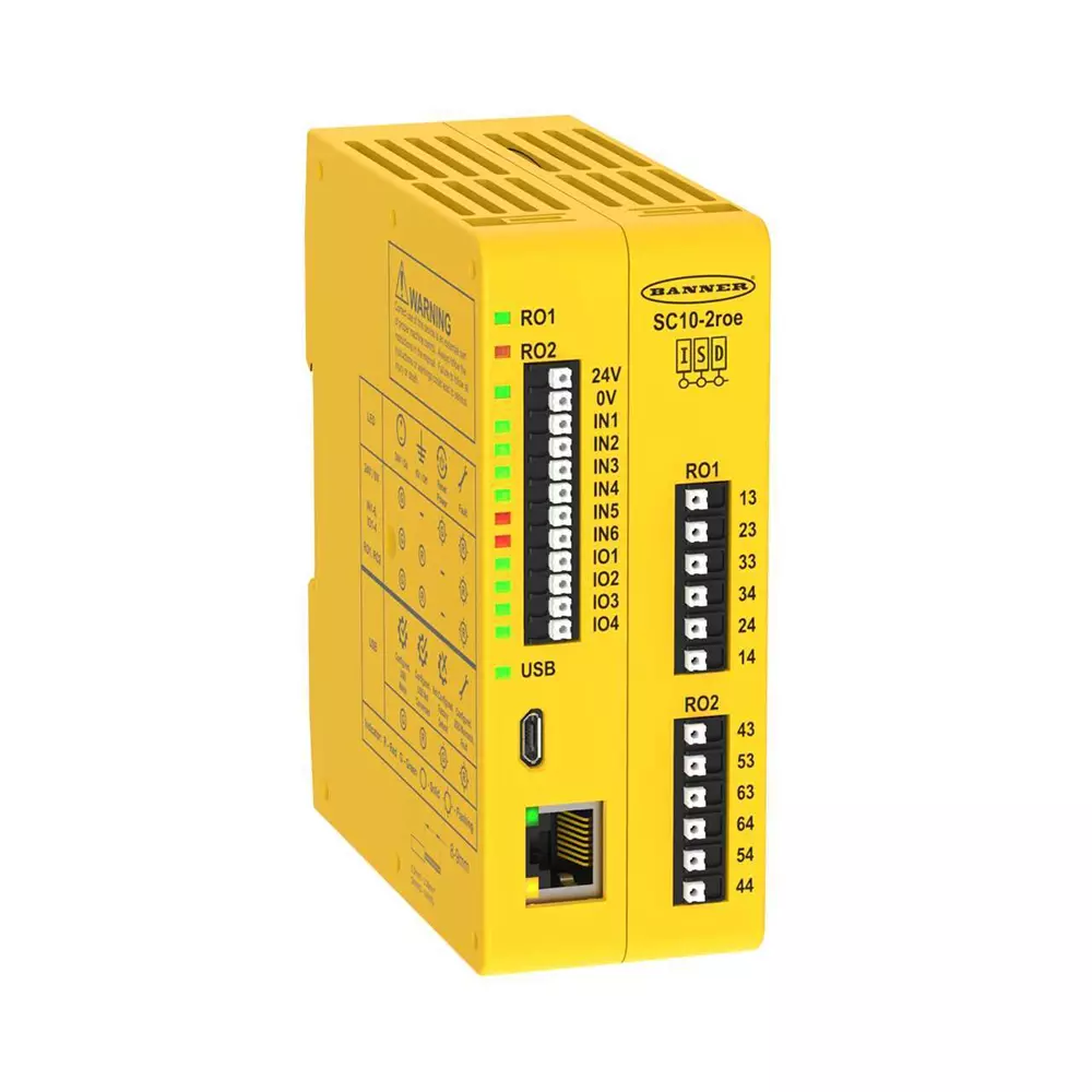 Banner Safety Controller Relay 24 V DC, 10 Inputs, 4 Convertible I/O, 2 Outputs, Muting Function, Screw-Clamp, Ethernet/IP/Modbus TCP/PROFINET, SC10-2ROE