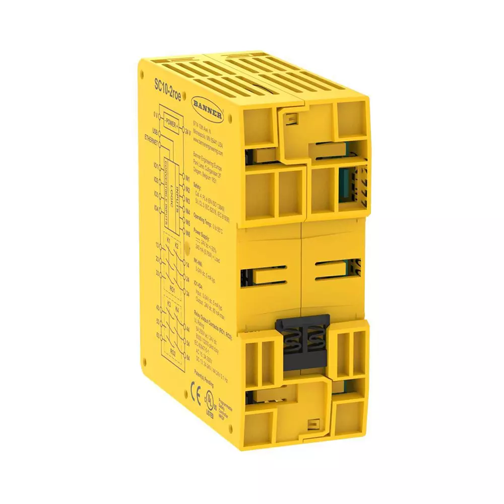 Banner Safety Controller Relay 24 V DC, 10 Inputs, 4 Convertible I/O, 2 Outputs, Muting Function, Screw-Clamp, Ethernet/IP/Modbus TCP/PROFINET, SC10-2ROE