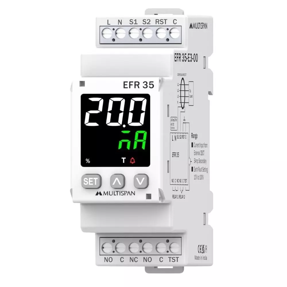 Multispan Earth Fault Relay 5 A. AC From CBCT OR CT Input Current and 3 VA @ 230 V AC MAX Power Consumption, EFR-35