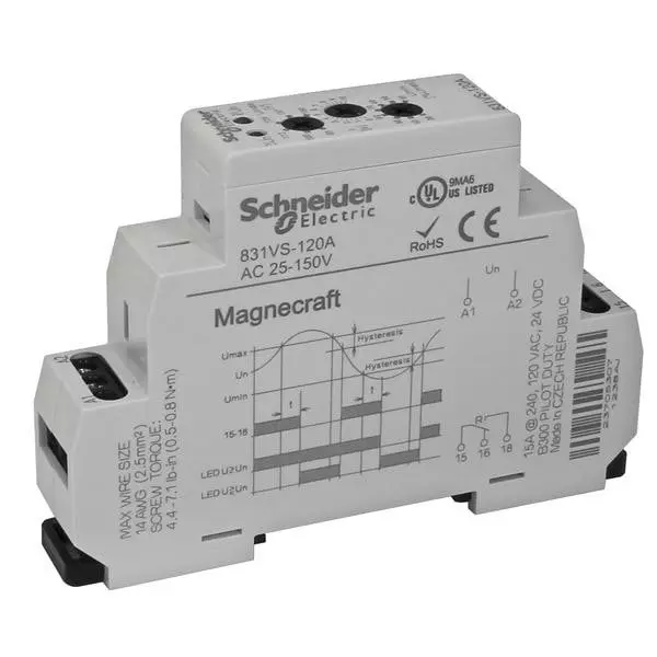 Schneider Electric Voltage Sensing Relay DIN Rail Mount 1 Form C (SPDT-NO, NC) 15 Amp 12 V, 831VS-120A