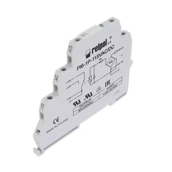 ALTECH Interface Relay DIN Rail Mount SPDT 6 Amp 450 V AC, 250 V DC, PI6-1P-115VAC/DC