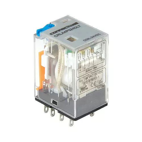 Connectwell Industrial Electromechanical Relay 4CO QPDT  24 VDC 250 VAC 6 A with LED & Test Button, CRLA4P024DLT