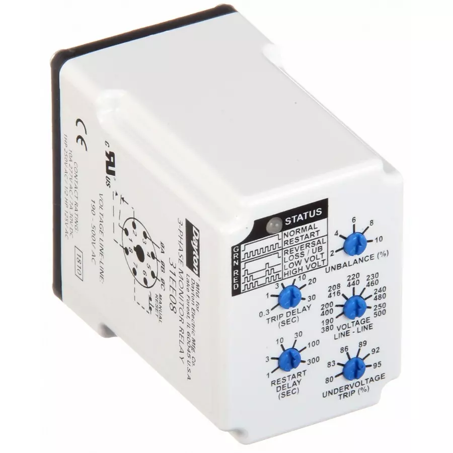 Dayton 10 A Phase Monitor Relay 8 Pins/Terminals & 190 to 500 V AC Input Voltage, 31EE08