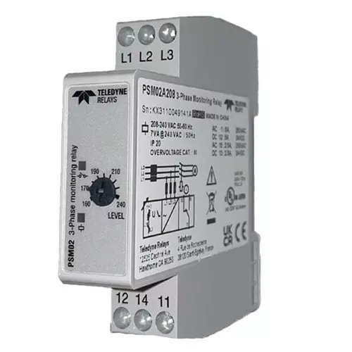 Teledyne Relays 3-Phase Voltage Monitoring Relay DIN Rail Mount 1 Form C (SPDT) 5 Amp 208 V AC to 240 V AC, PSM02A208