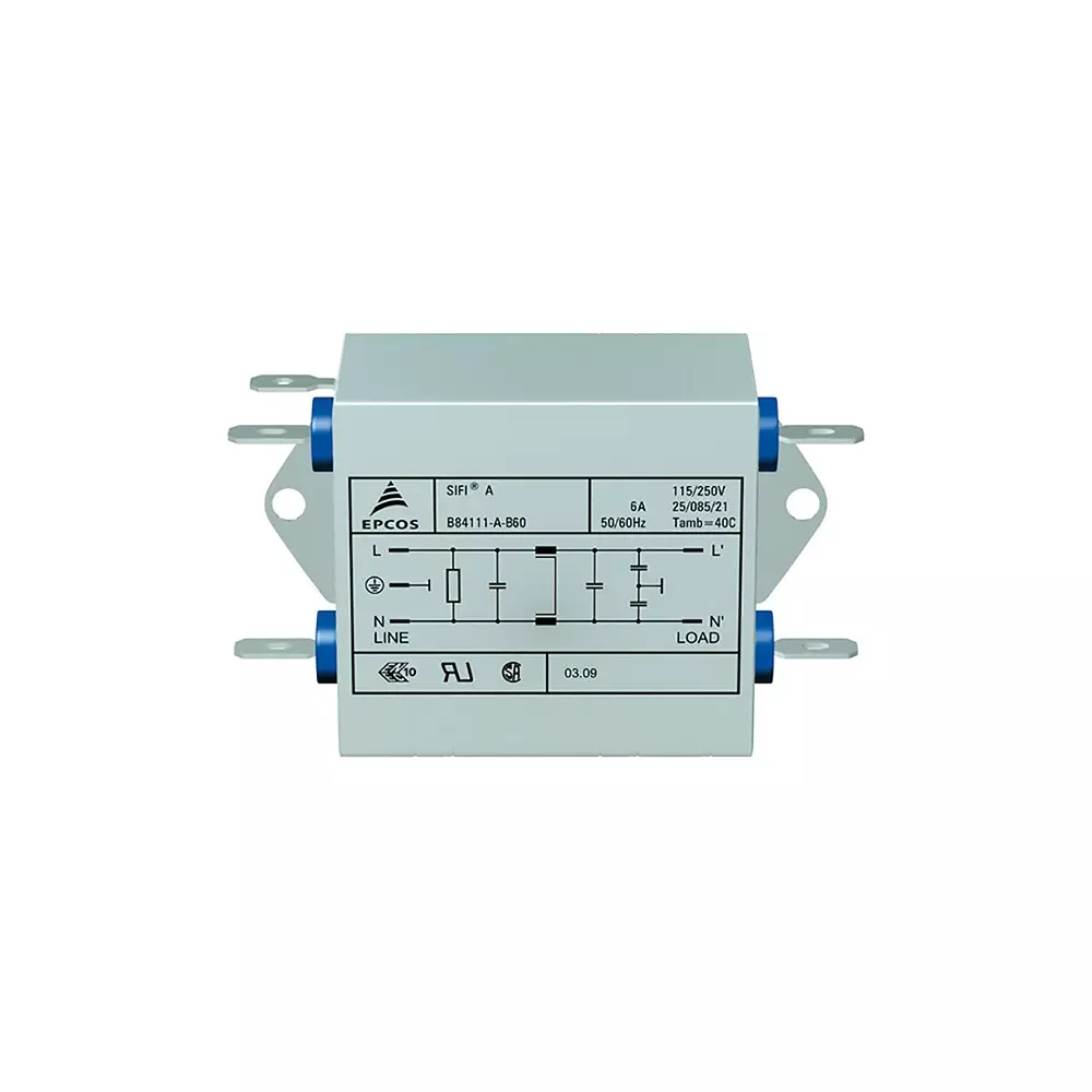 Epcos EMC Filter 1 Phase 6 Amp Current Rating 250 V AC/DC 76.5 mm Length, B84111A0000A060 (Pack of 32)