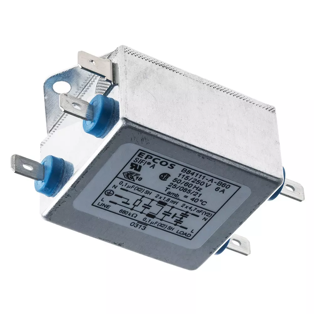 Epcos B84111A Series Flange Mount RFI Filter 1 Phase 6 Amp Current Rating 250 V AC 45 mm Length, B84111A0000B060