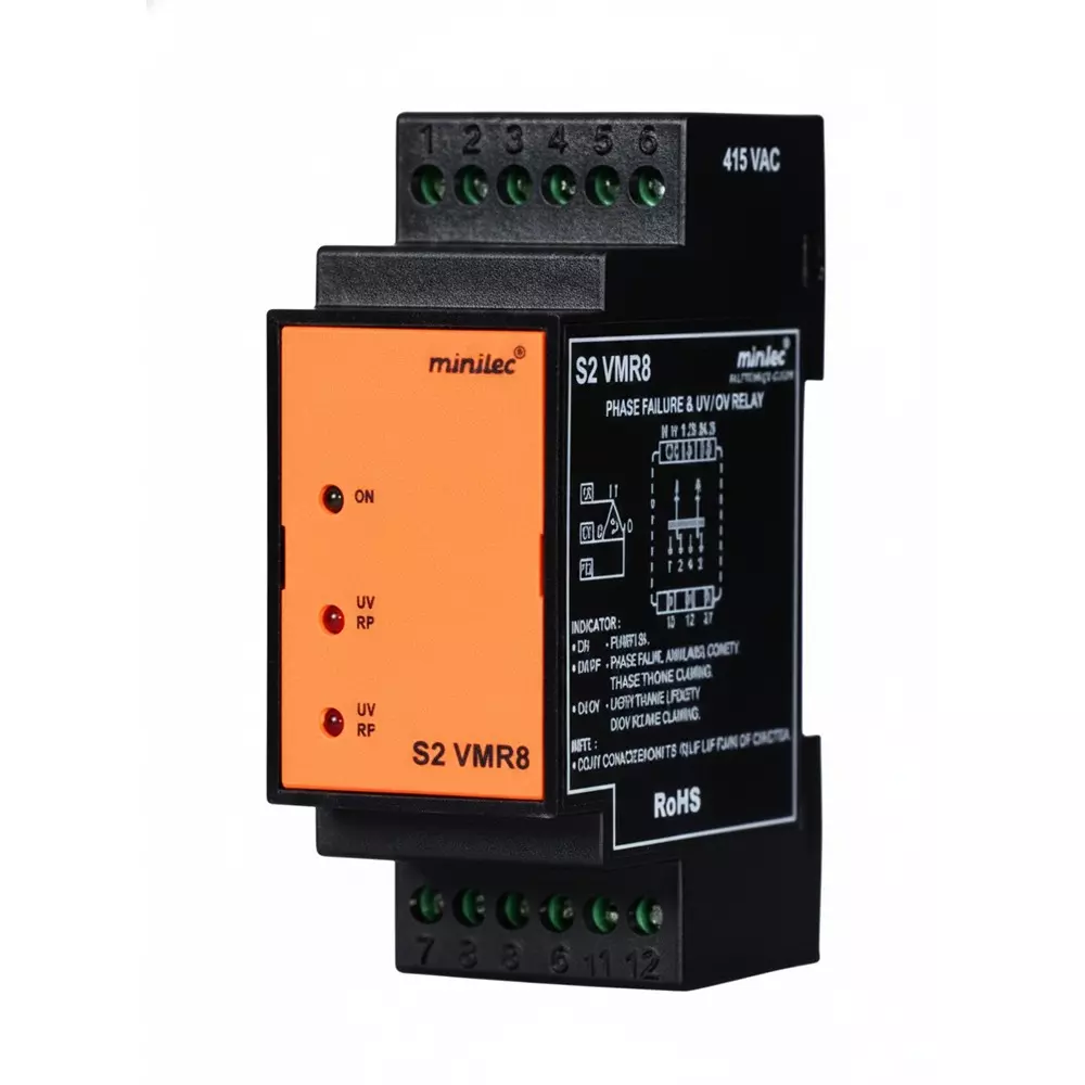 Minilec Phase Failure Relay 2 CO 35 mm Rail Mounting 150 g, S2 VMR 8