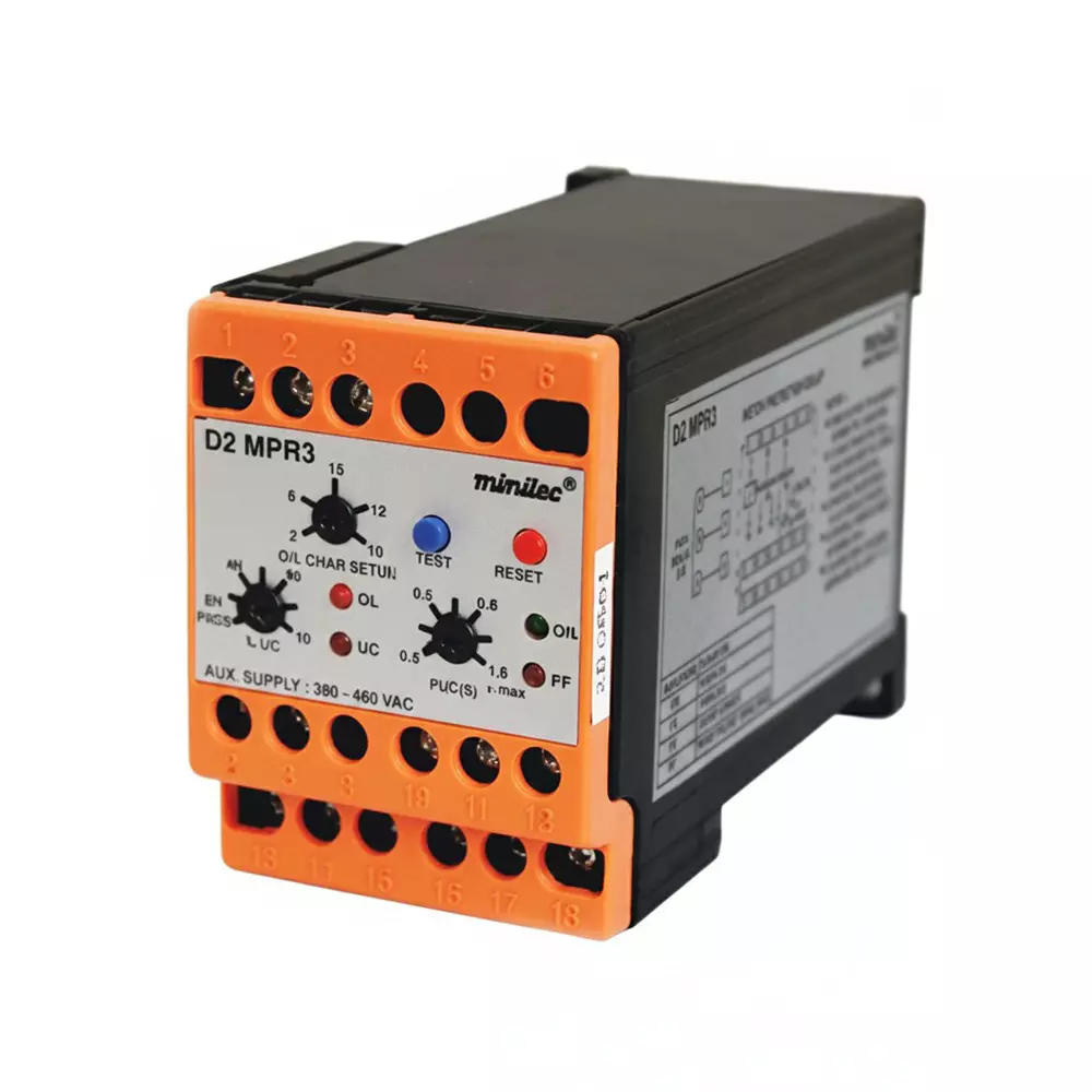 Minilec Pump Current Sensing Phase Failure Relay Protection Relays 3 Phase 2 CO 67 x 46&nbsp;/ 35 mm (1.37 inch) Rail Mounting 250&nbsp;g, D2 MPR 3