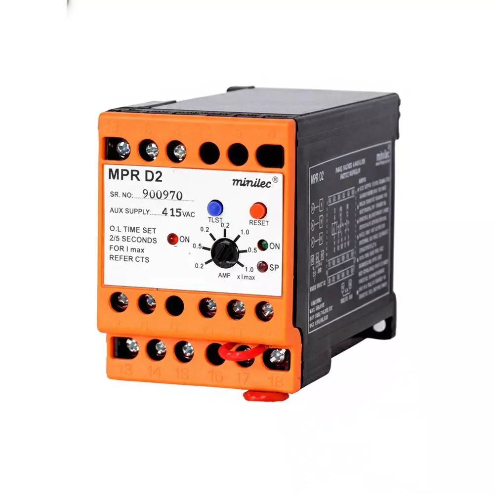 Minilec Current Sensing Phase Failure Relay 1 CO 67 x 46 / 35 mm (1.37 inch) Rail Mounting 425&nbsp;g, MPR D2