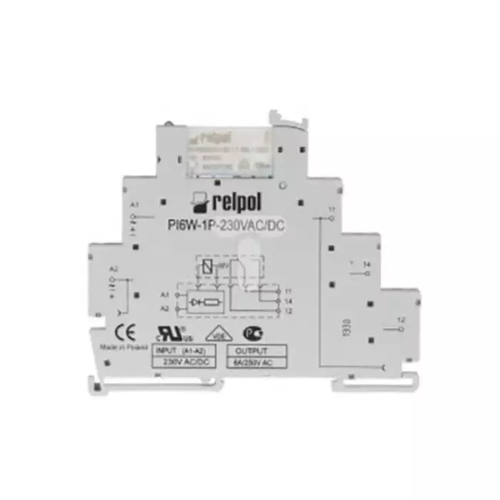 Relpol PIR6W Series Interface Relay DIN Rail Mount 230 V AC Coil SPDT 1-Pole 6A Load, PIR6W-1P-230VAC