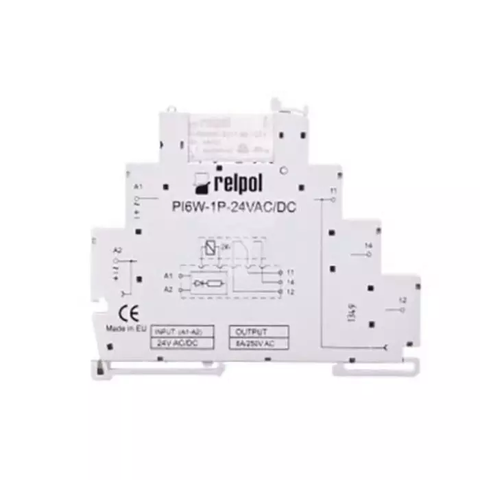 Relpol PIR6W Series Interface Relay DIN Rail Mount 24 V AC/DC Coil SPDT 1-Pole 6A Load, PIR6W-1P-24VAC/DC