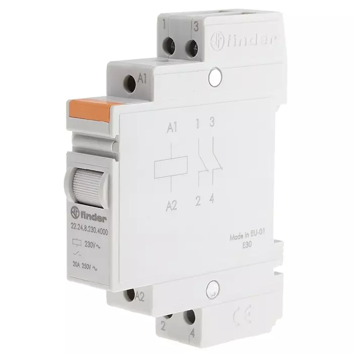 Finder DIN Rail Power Relay 230 V AC Coil 20 A Switching Current DPST, 22.24.8.230.4000
