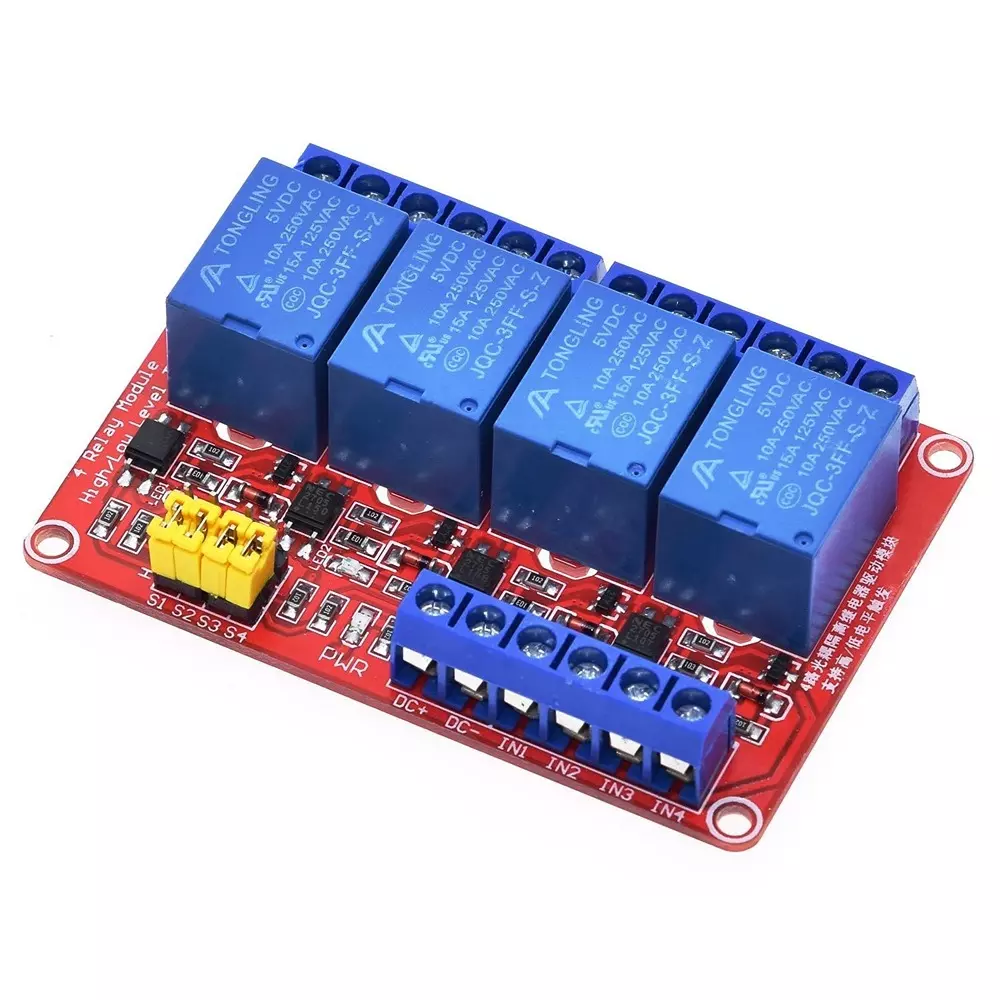 amiciSmart Relay Module Shield with Optocoupler, High and Low Level Trigger Relay Board 4 Channel 5 V for Arduino, and Microcontrollers