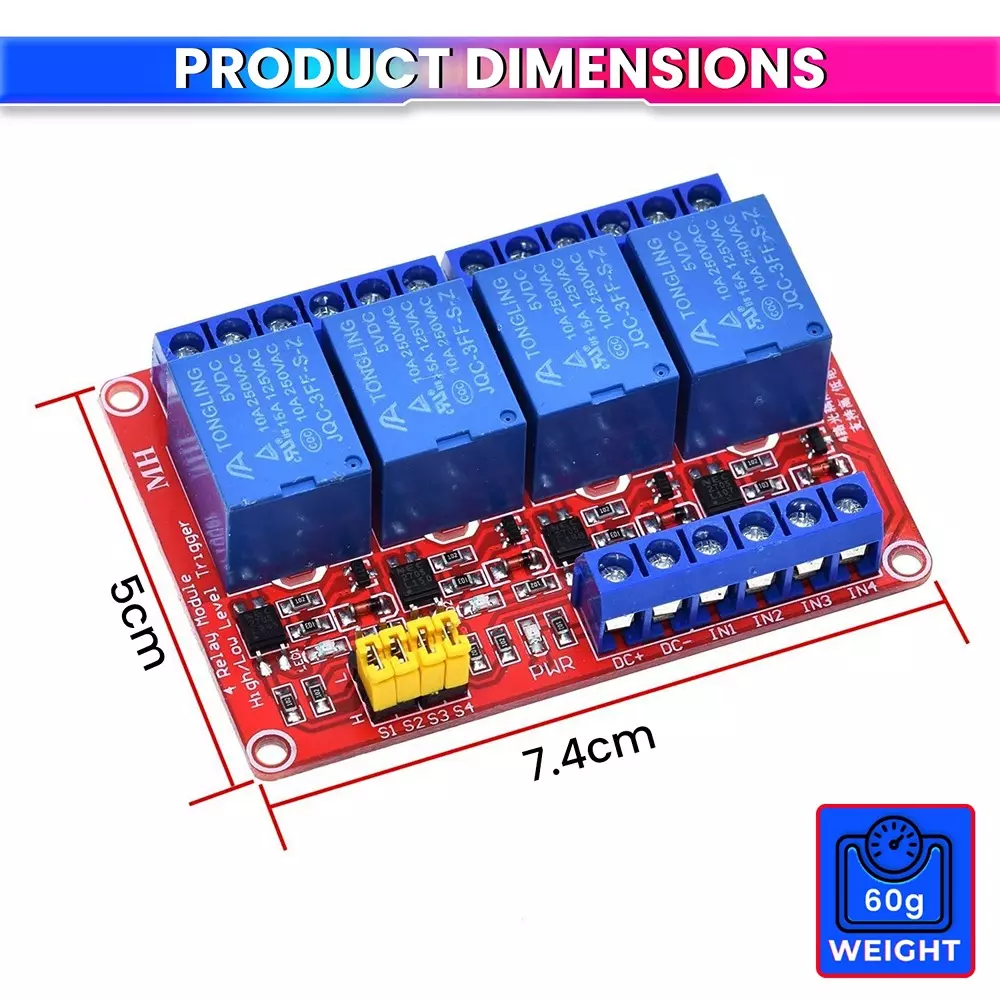 amiciSmart Relay Module Shield with Optocoupler, High and Low Level Trigger Relay Board 4 Channel 5 V for Arduino, and Microcontrollers