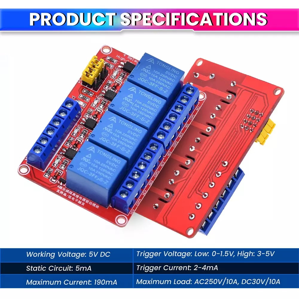 amiciSmart Relay Module Shield with Optocoupler, High and Low Level Trigger Relay Board 4 Channel 5 V for Arduino, and Microcontrollers