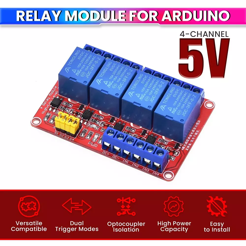 amiciSmart Relay Module Shield with Optocoupler, High and Low Level Trigger Relay Board 4 Channel 5 V for Arduino, and Microcontrollers