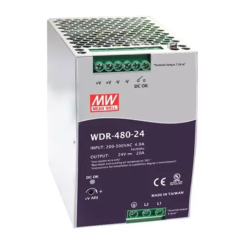 MEAN WELL POWER SUPPLY, AC-DC, 48V, 10A, WDR-480-48