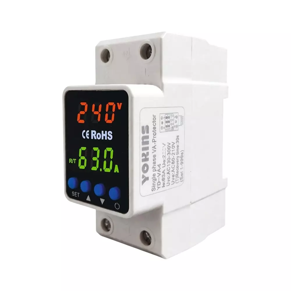 Yokins Advanced Adjustable Over & Under Voltage Protector Relay with Overcurrent Protection 63 Amp 230 V DIN Rail Mount, YD-VA4