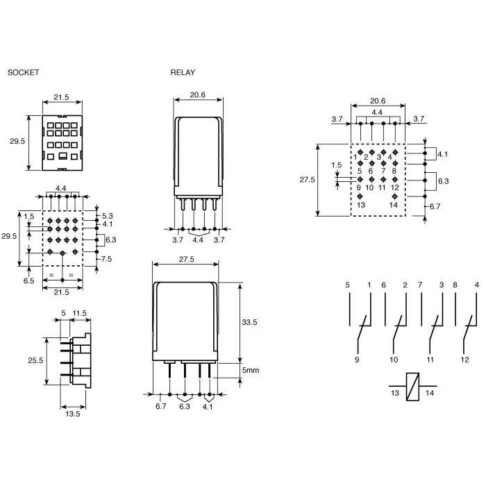 finder-pcb-mount-power-relay-110-v-ac-coil-7-a-switching-current-4pdt-551481100000