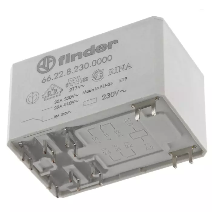 Finder PCB Mount Power Relay 230 V AC Coil 30 A Switching Current DPDT, 66.22.8.230.0000