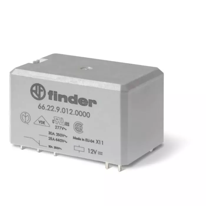 Finder PCB Mount Power Relay 12 V Coil 50 A Switching Current DPDT, 66.22.9.012.4000