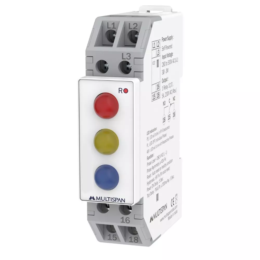 MULTISPAN DIN Rail Phase Sequence Relay 90x22.5x72 mm 280-520 V AC (P-P) Voltage Range Self Powered, V22-RYB-E