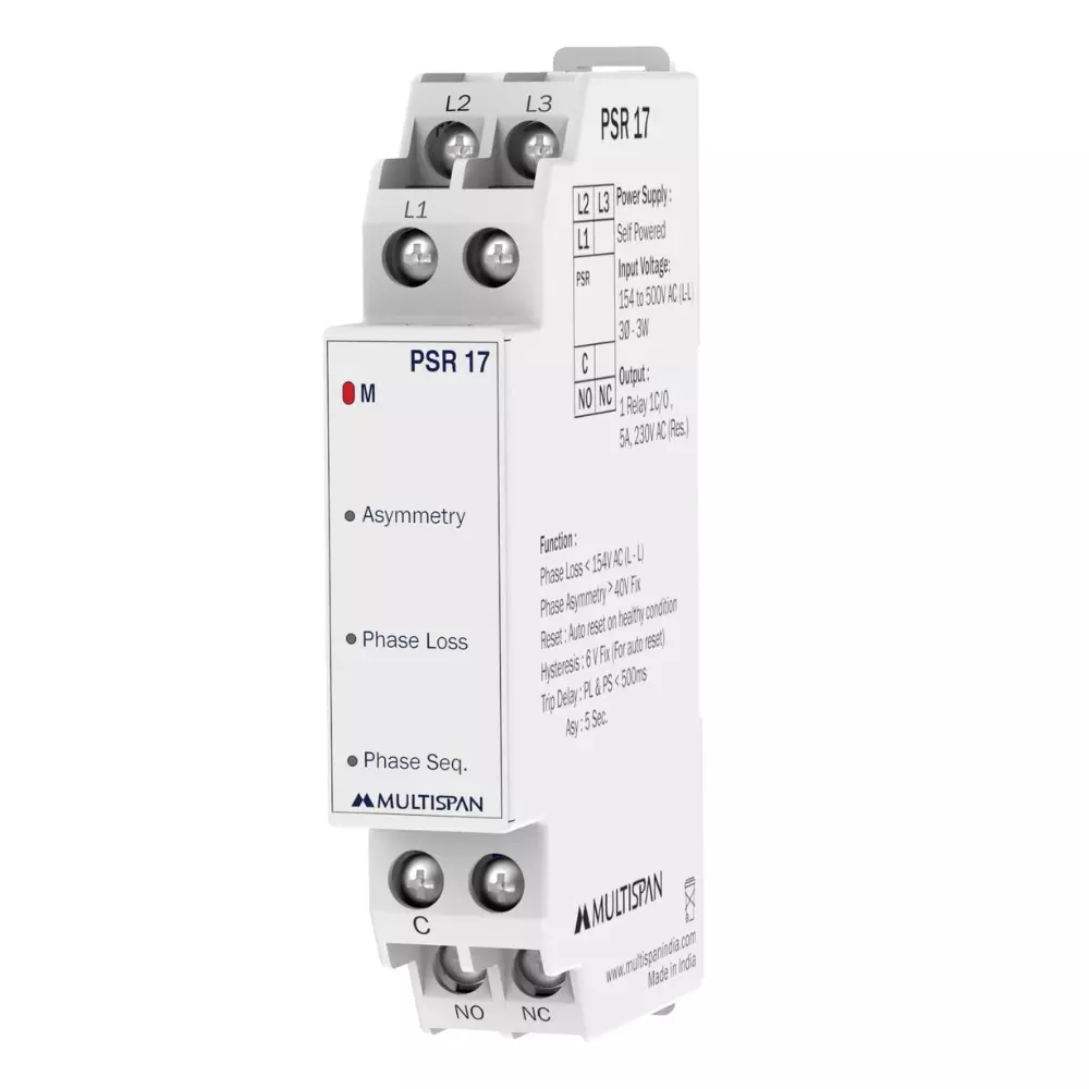 MULTISPAN Phase Sequence Relay 90x17.5x62 mm 154 to 500V AC (P-P) Voltage Range Self Powered, PSR-17