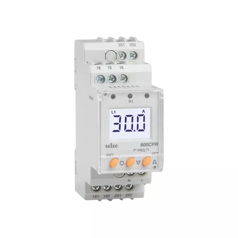 SELEC Currrent Protection Relay 1 & 3 Phase 3 Digits LCD Backlight Display, 1 C/O Contact Configuration and 230 V AC, 900CPR-3-1-BL-230V-CE