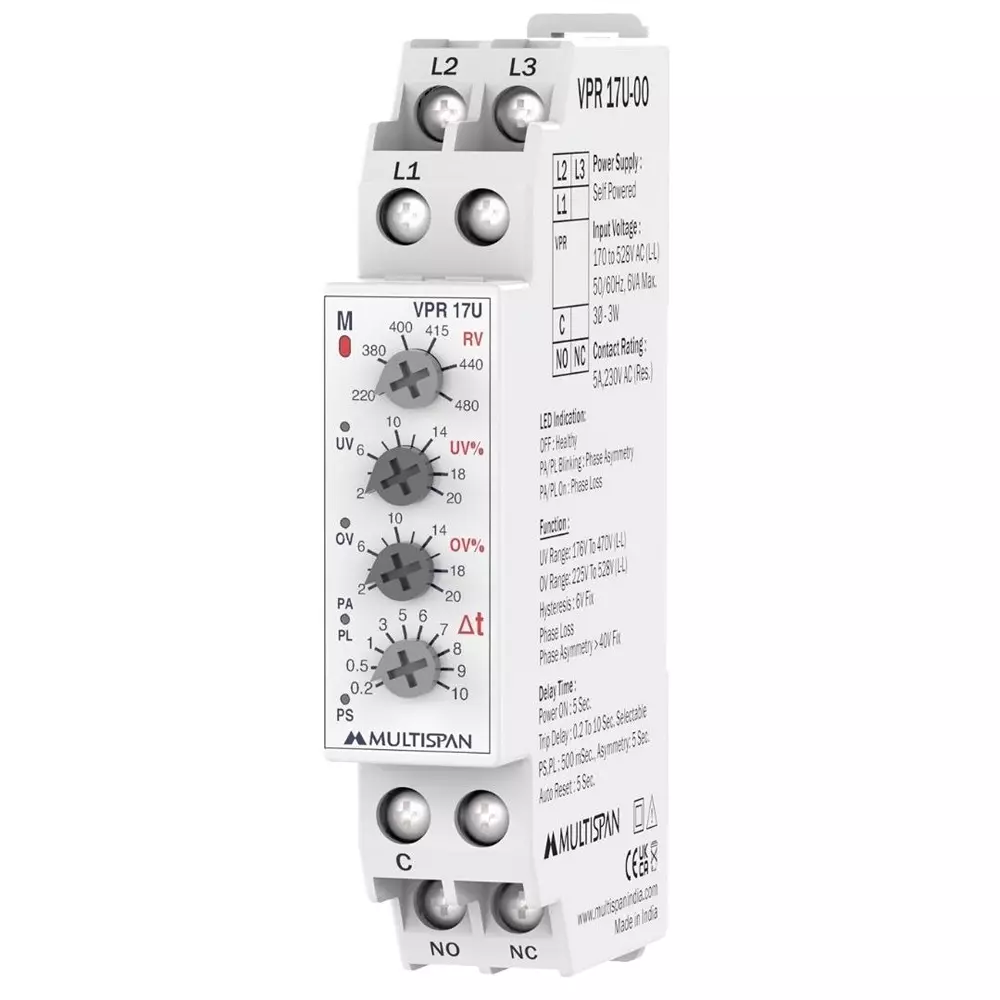 MULTISPAN Voltage Protection Relay 90x17.5x62 mm 1 Relay Output 170-528 V AC (P-P) Voltage Range, VPR-17U