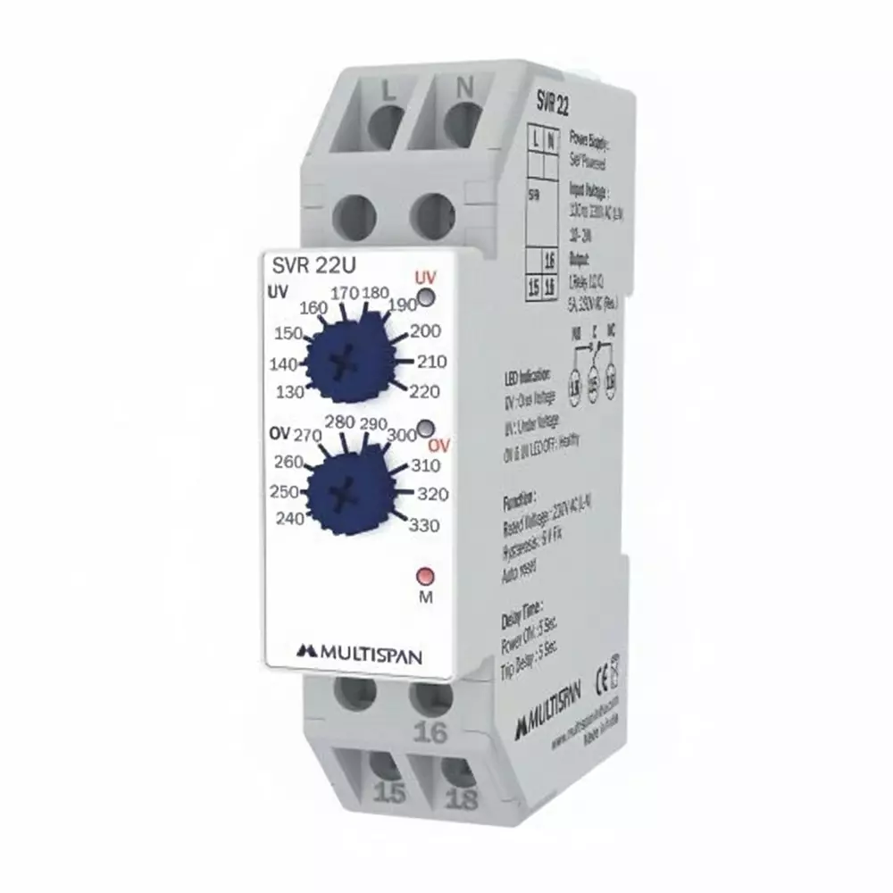 MULTISPAN Analog Voltage Protection Relay 90x22.5x72 mm 1 Relay Output 160-300 V AC (10 2W) Voltage Range, SVR-22U
