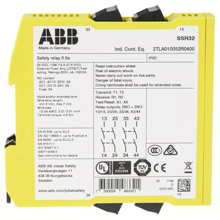 ABB - JOKAB Sentry SSR32 Time Delay Safety Relay 24 V DC Dual-Channel 4 Safety Contacts, 2TLA010052R0400Sentry SSR32 24VDC