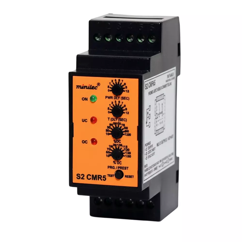 Minilec Under & Over Current Relay 35 mm (1.37 inch) Rail mounting 1 CO +1 CO/ 2 CO Output Contact 140&nbsp;g, S2 CMR 5