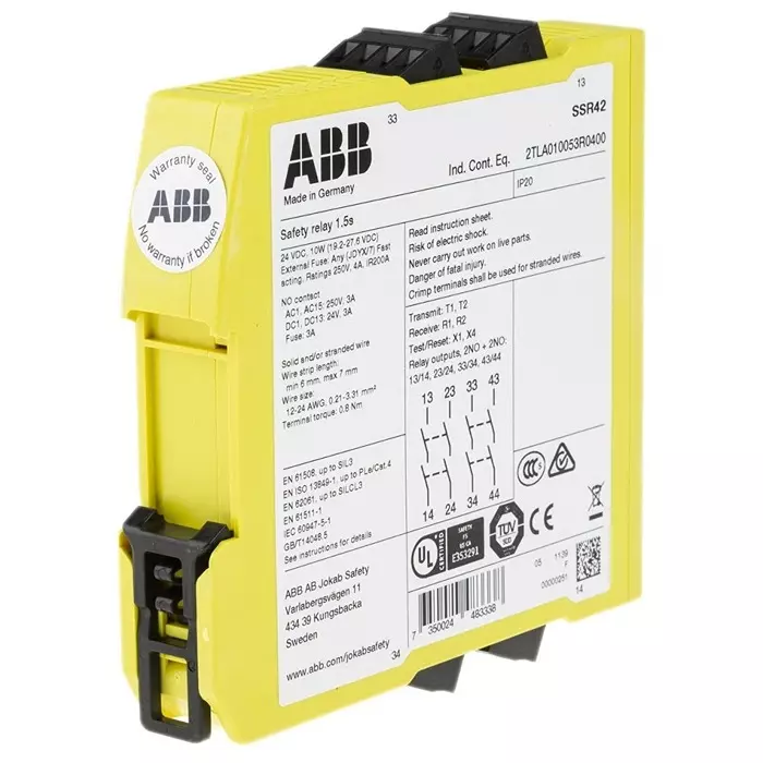 ABB - JOKAB Sentry SSR42 Time Delay Safety Relay 24 V DC Dual-Channel 4 Safety Contacts, 2TLA010053R0400Sentry SSR42 24VDC