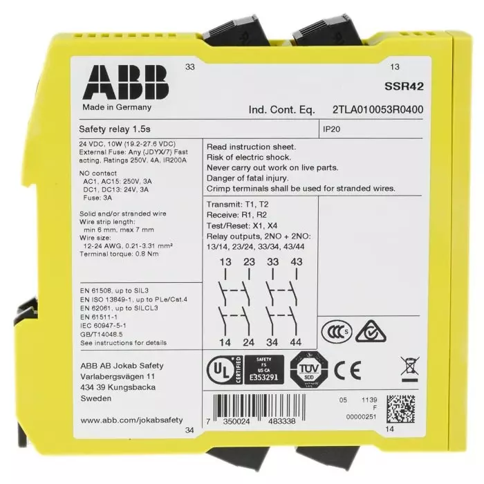 ABB - JOKAB Sentry SSR42 Time Delay Safety Relay 24 V DC Dual-Channel 4 Safety Contacts, 2TLA010053R0400Sentry SSR42 24VDC