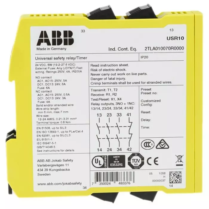 ABB - JOKAB Sentry USR10 Time Delay Safety Relay 24 V DC Dual-Channel 4 Safety Contacts, 2TLA010070R0000Sentry USR10 24VDC