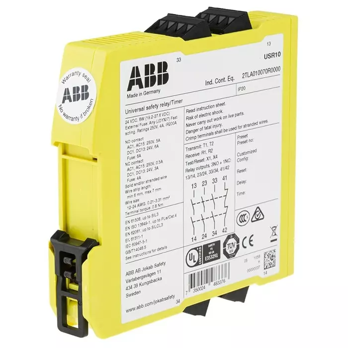 ABB - JOKAB Sentry USR10 Time Delay Safety Relay 24 V DC Dual-Channel 4 Safety Contacts, 2TLA010070R0000Sentry USR10 24VDC