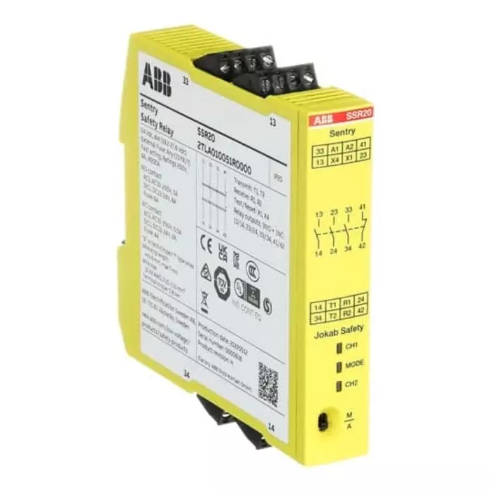 ABB - JOKAB Sentry SSR20M Two Hand Control Safety Relay 265 V AC 375 V DC 4 Safety Contacts, 2TLA010051R0100Sentry SSR20M VAC/VDC