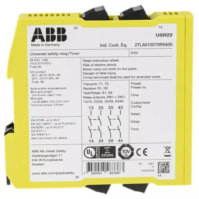 ABB - JOKAB Sentry USR22 Time Delay Safety Relay 24 V DC Dual-Channel 4 Safety Contacts, 2TLA010070R0400Sentry USR22 24VDC