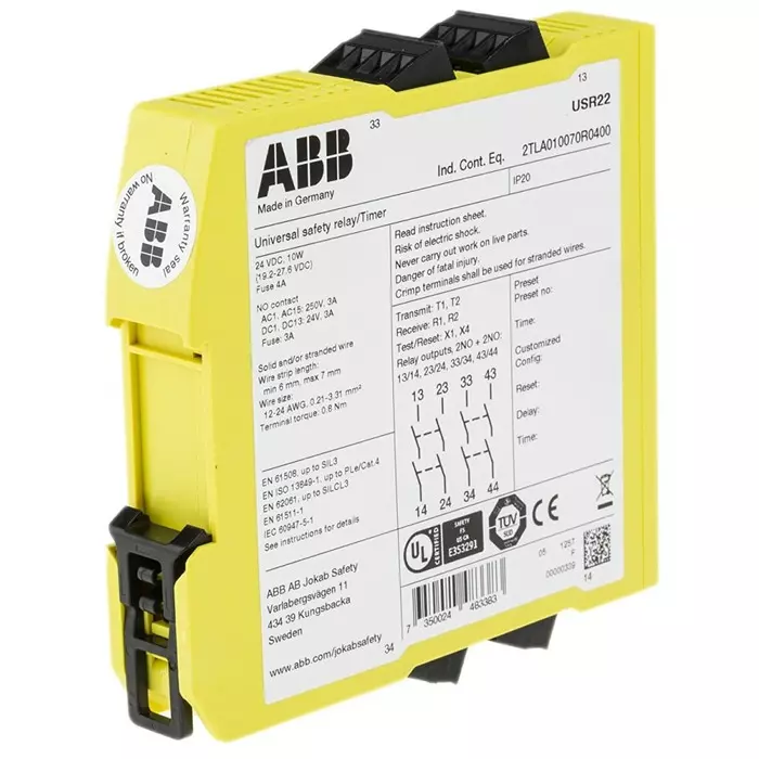ABB - JOKAB Sentry USR22 Time Delay Safety Relay 24 V DC Dual-Channel 4 Safety Contacts, 2TLA010070R0400Sentry USR22 24VDC