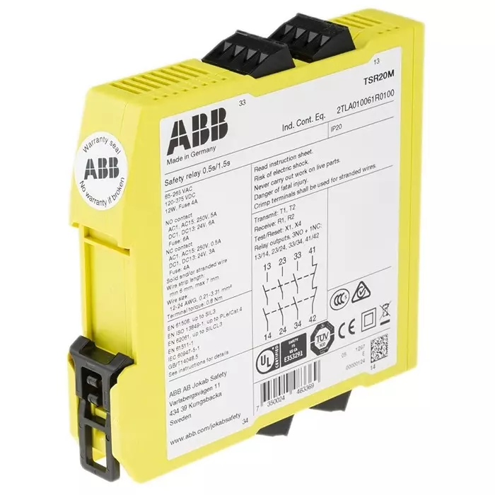 ABB - JOKAB Sentry TSR20M Time Delay Safety Relay 265 V AC 375 V DC Dual-Channel 4 Safety Contacts, 2TLA010061R0100Sentry TSR20M VAC/VDC
