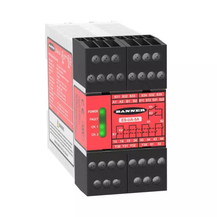 Banner ES Emergency Stop Safety Relay, 115V ac, Dual, Single, 4 Safety Contacts, ES-UA-5A