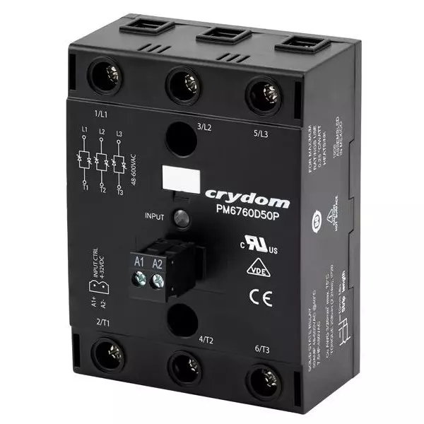 Crydom PM67 Series Three Phase Relays Panel Mount 50 A Load Current Rating, PM6760D50RP