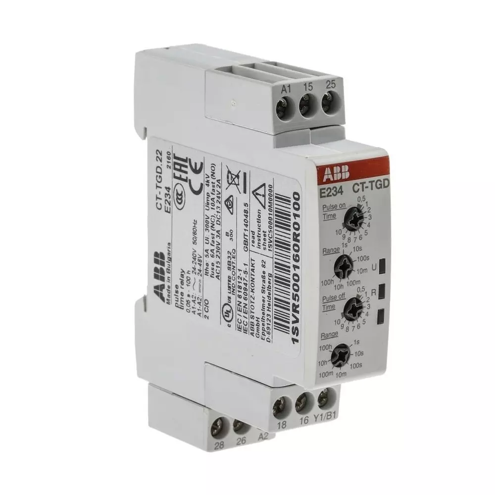 ABB 1SVR Series DIN Rail Mount Timer Relay, 24 â†’ 240 V AC, 24 â†’ 48 V DC, 2-Contact, 0.05 s â†’ 100h,, 1SVR500160R0100 - CT-TGD.22