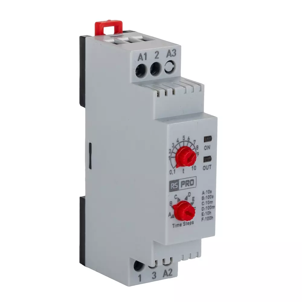 RS PRO Timer Relay SPDT 230 V AC, 24 V AC/DC DIN Rail Mount 95 mm Screw Terminal 3 Contacts, 119803