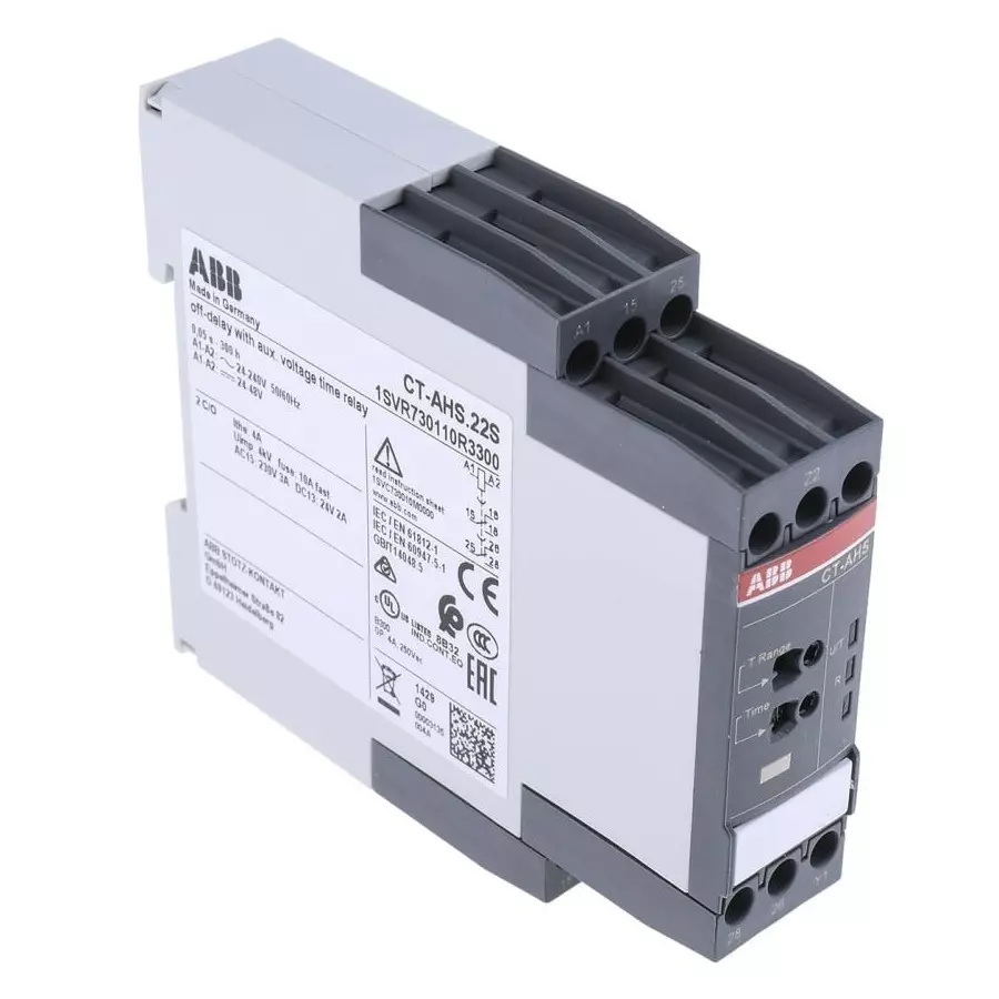 ABB 1SVR Series DIN Rail Mount Timer Relay, 24 â†’ 240 V AC, 24 â†’ 48 V DC, 2-Contact, 0.05 s â†’ 300h,, 1SVR730110R3300CT-AHS.22S