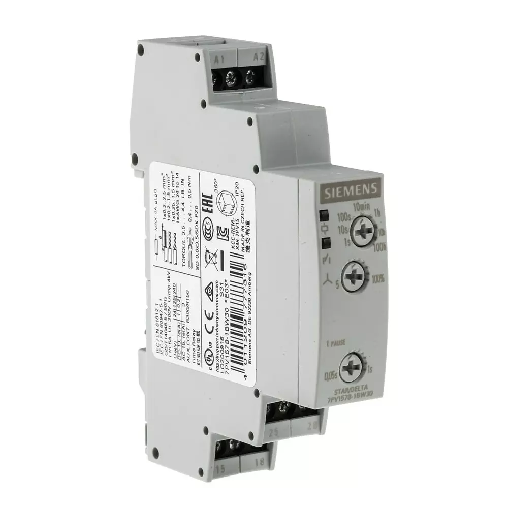 Siemens 7PV15 Series DIN Rail Mount Timer Relay, 12 - 240V, 2-Contact, 0.05 - 360000s, DPST, 7PV1578-1BW30