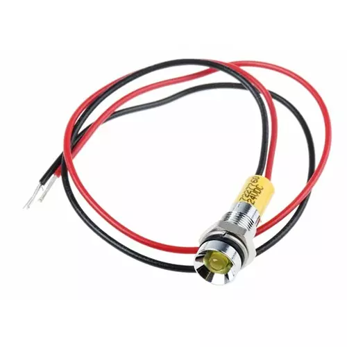 RS PRO Yellow Panel Mount Indicator 24V DC, Mounting Hole Size 6 mm, Termination Type Lead Wires, IP Rating IP67, Model No 7227760