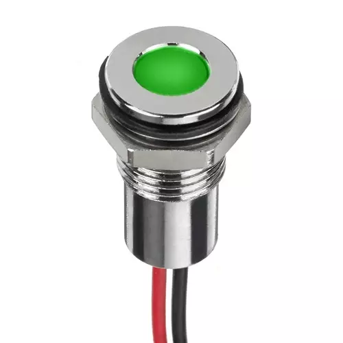 RS PRO Green Panel Mount Indicator 1.8-3.3V DC, Mounting Hole Size 8 mm, Termination Type Lead Wires, IP Rating IP67, Model No 1329114