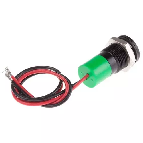 RS PRO Green Panel Mount Indicator 6-36V DC, Mounting Hole Size 14 mm, Termination Type Lead Wires, IP Rating IP67, Model No 7039099